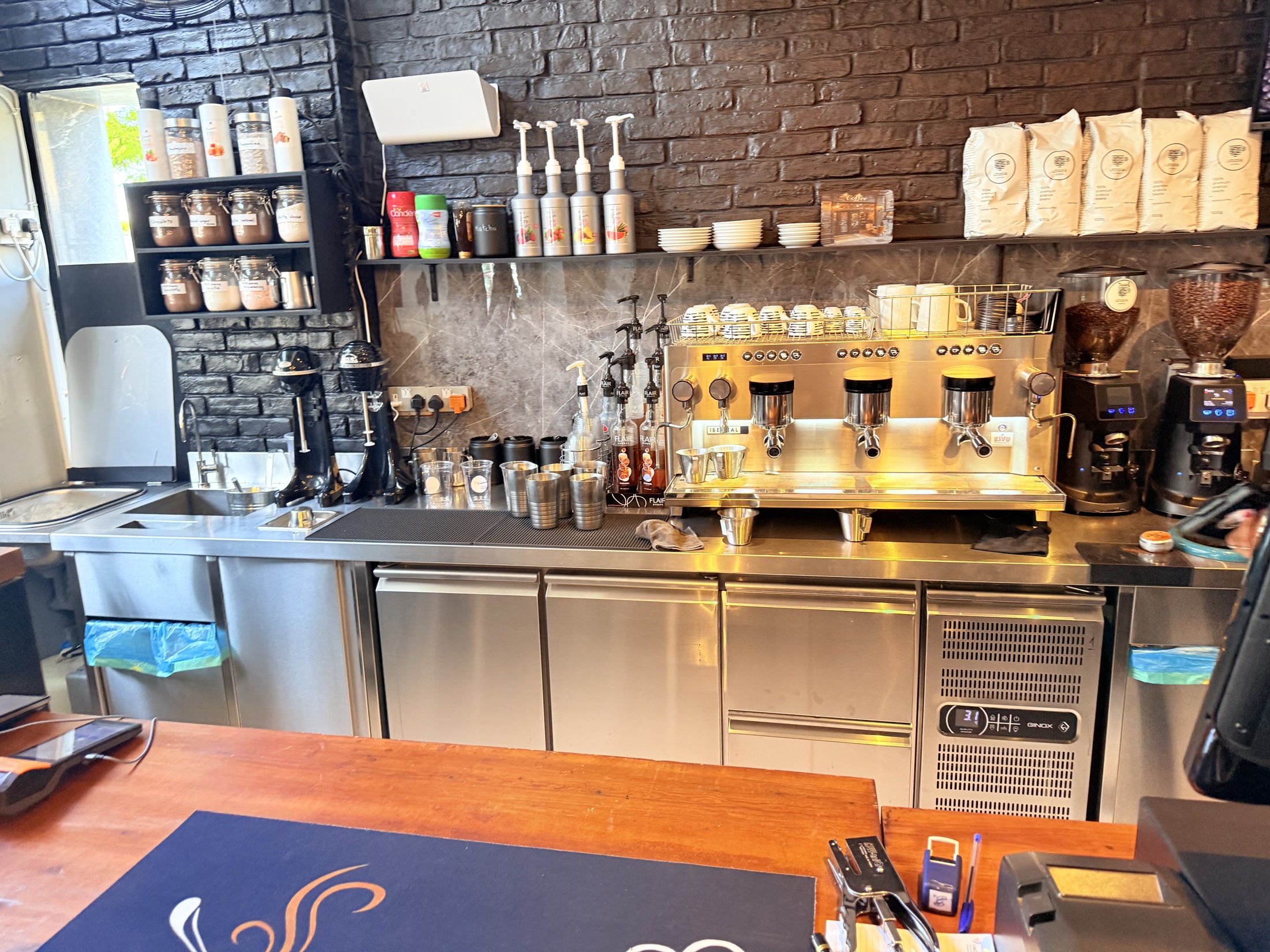 The espresso machine and coffee station at Biamo Café